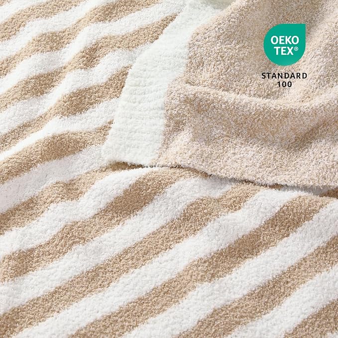 Snuggle Sac Ultra Soft Throw Blanket, Beige, 50"x60" | Reversible, Cozy Knitted, Fuzzy Knit Striped, For Couch, Sofa, Bed, Home Decor