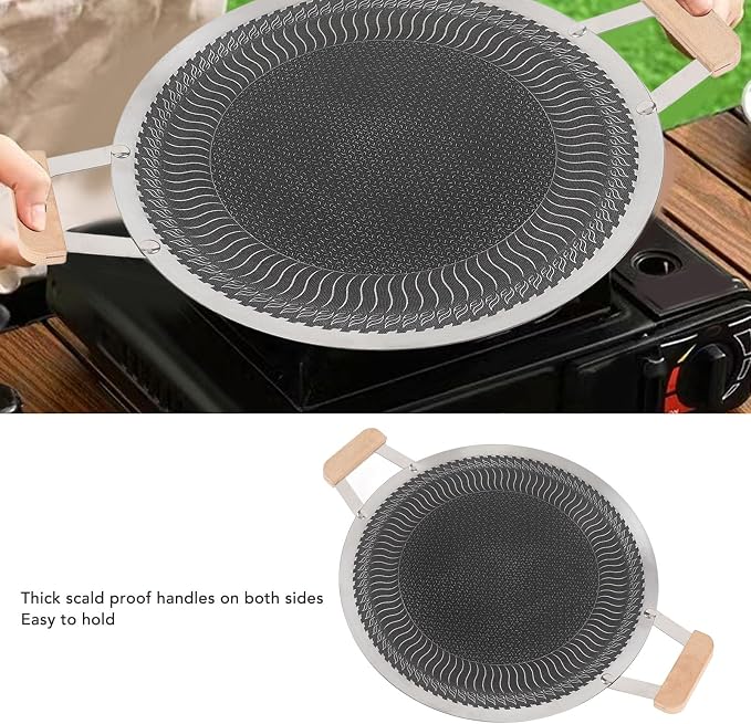 POCREATION Korean BBQ Grill Pan, Stainless Steel Nonstick Even Heating Cooking Pan for Indoor Outdoor Gatherings with Wood Handle Induction Gas Electric Compatible Round 38cm 1 Pack