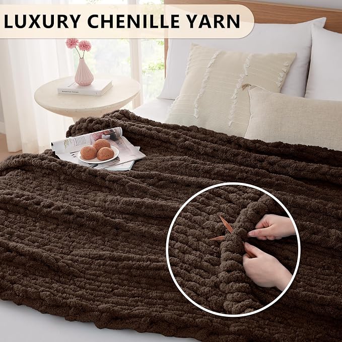 L'AGRATY Chunky Knit Throw Blanket for Couch, 50 x 60 Inches, Cocoa Brown | Handmade Chenille Crochet Blanket for Sofa Bed, Thick Cable Knitted Blankets for Room Home Decor, Birthday Gift for Women Mom