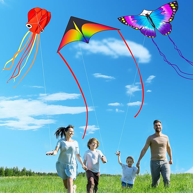 3 Pack Kites, Gifts for Easter, Kite for Kids 4-8 8-12, Puple Butterfly, Colorful Delta and Red Octopus with String Kite for Kids Girls Boys