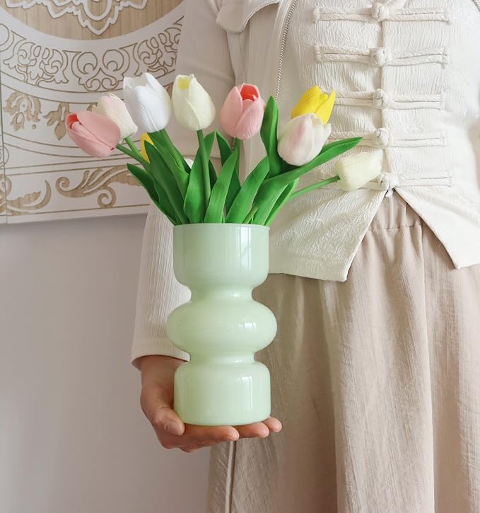 JSPYFITS Glass Hydroponic Flower Vase, 7 Inches Colored Bubble Vase for Flowers, Three-Layer Funky Vase for Home/Office/Weddings/Party Table Flowers Decor, Milky Green