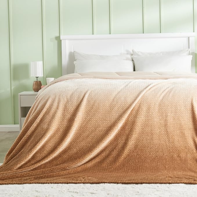 NEWCOSPLAY Fleece Leaves Pattern Throw Blanket, Ombre Brown, 50"x60" | Super Soft Throw Blanket, Lightweight Cozy Bed Sofa Blanket, Premium Silky Flannel Fleece, Travel Blanket for All Season Use