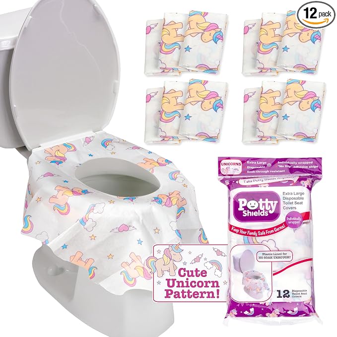 Potty Shields Toilet Seat Covers Disposable (12 pk, Unicorns) - XL Waterproof Toilet Cover for Toddlers, Kids & Adults - Portable & Individually Wrapped for Travel, Potty Training, Public Restrooms