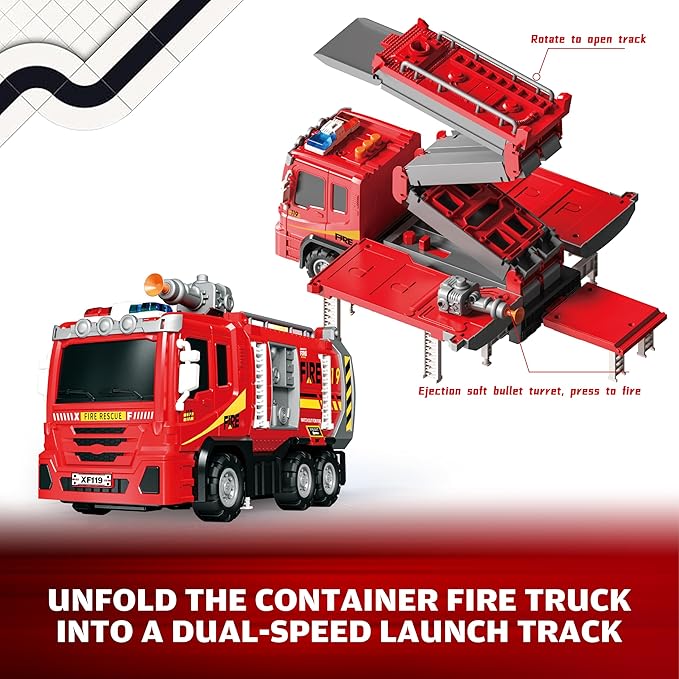 3in1 Fire Trucks Toys for Toddlers Ages 3-5, Carrier Toy Truck & Foldable Race Track, 12 Die Cast Cars Firetruck Toys for Toddlers 1-3 3-5 w/Light & Sound, Kids' Play Cars & Race Cars for Boys Girls