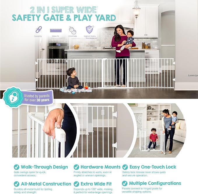 Regalo Safety 56"-130" Super Wide Baby Gate & Play Yard, 2-in-1 Adjustable Safety Gate for Doorways & Bottom of Stairs, Wall Mounted Room Divider, Includes Wall Mount Kit