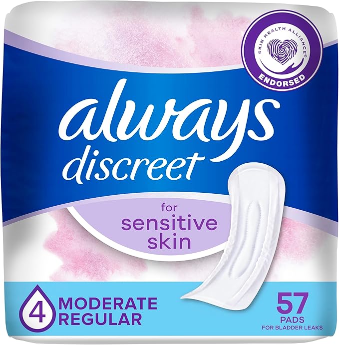 Always Discreet Incontinence Pads for Women with Bladder Leaks, Sensitive Skin Pads Moderate Absorbency, Regular Length, 57 Count
