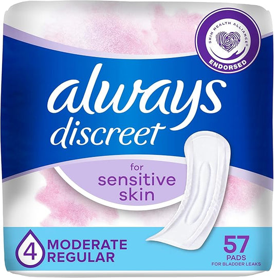 Always Discreet Incontinence Pads for Women with Bladder Leaks, Sensitive Skin Pads Moderate Absorbency, Regular Length, 57 Count