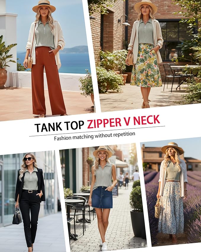Vivilli Womens Ribbed Tank Top Zipper V Neck Dressy Casual Blouses Sleeveless Camisole Tops Work Tank Polo Shirts