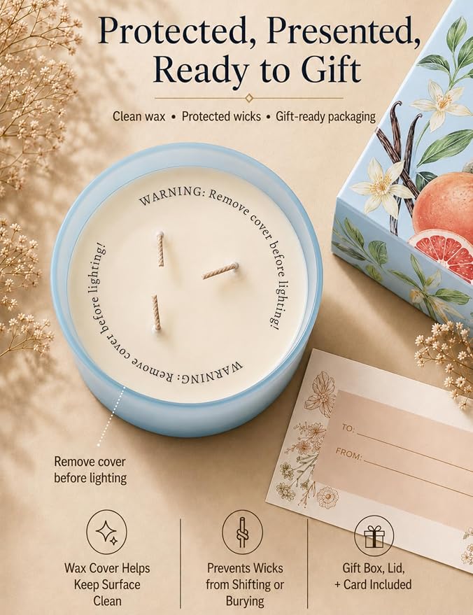Grapefruit Vanilla 3-Wick Soy Candle | 15.8 oz Large Scented Candle for Home | Highly Scented Aromatherapy Candle for Women | Luxury Citrus Vanilla Candle Gift | Clean Burn Long Lasting