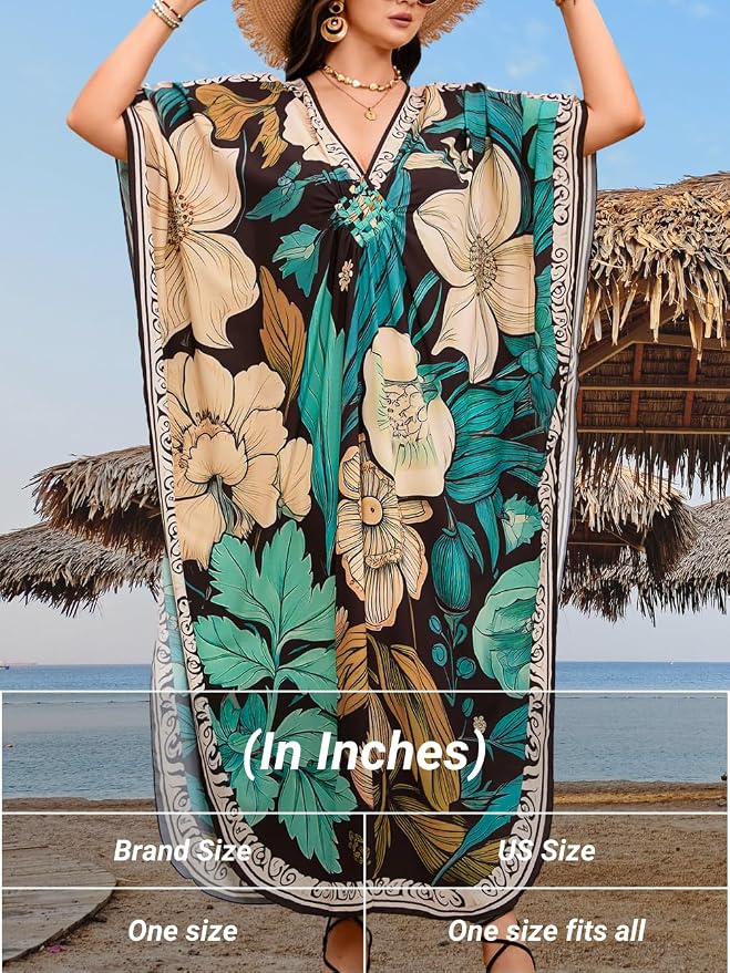 ChiaoLezhee Print Moo-Moos for Women, Kaftan Cover-Up Dresses, Sexy V-Neck High-Slit, Beach Pool-Party Coverups Muumuu Plus