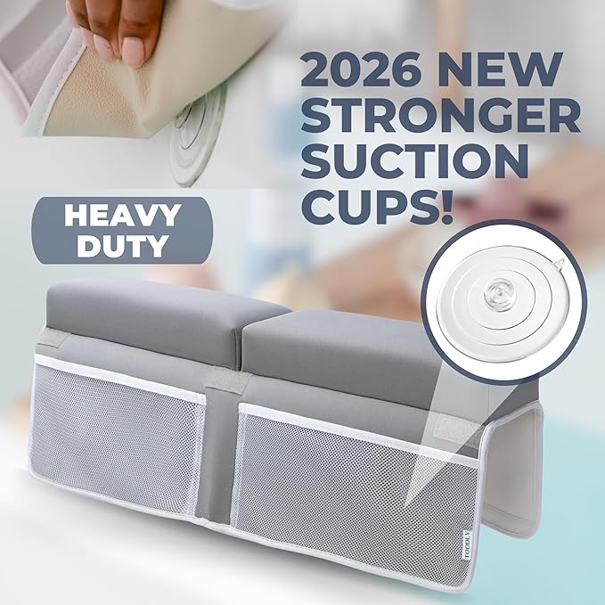 Comfortable Baby Bath Kneeler and Elbow Rest Pad Set – Thick Memory Foam Bath Kneeling Pad with Elbow Support – Baby Bathtub Cushion with Toy Organizer for Bathing Infant or Toddler - Grey