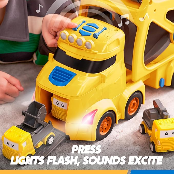 Vroomix Extra Large Toy Trucks for Toddlers, 3-Layer Construction Trucks for Boys, 7-in-1 Big Carrier Truck with Siren & Lights and 6 Toy Cars, Christmas Birthday Gifts for Boys Kids