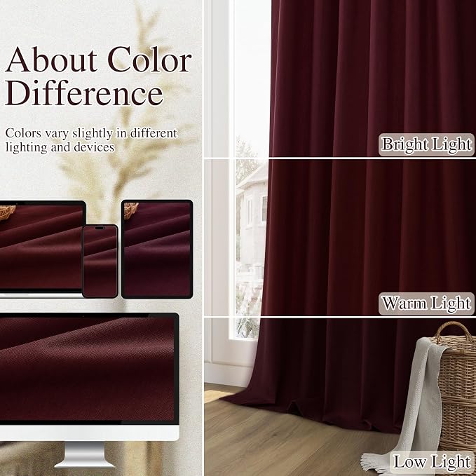 Guken 100% Blackout Curtains 90 Inch Length 2 Panels Set for Living Room Bedroom Back Tab Thermal Insulated Black Out Linen Drapes Room Darkening Window Curtains 90 Inches Long,Burgundy