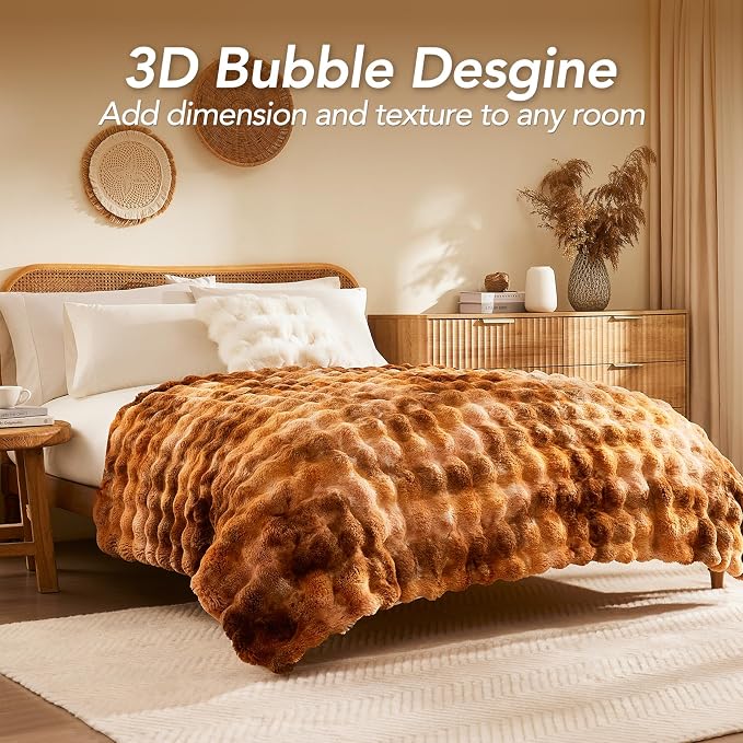 L'AGRATY Faux Fur Throw Blanket for Couch, 50''x60'' Tie-Dye Caramel Brown | Soft Cozy Bubble Fluffy Blanket for Sofa Bed, Thick Warm Plush Fuzzy Throw for Room Home Decor, Luxury Gift for Women Mom