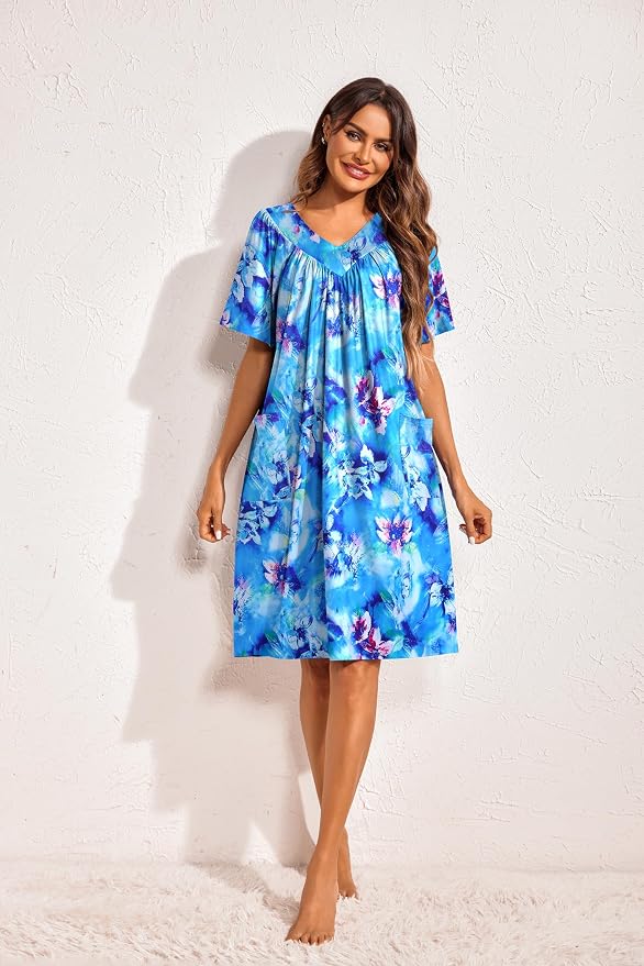Ekouaer Womens House Dress Floral Print Nightgown with Pockets Mumu Dress