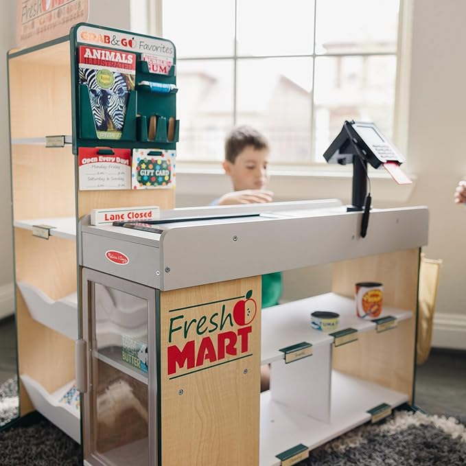 Melissa & Doug, Fresh Mart Pretend Grocery Store, Kids Cash Register with Scanner, Shelves, & Conveyor Belt, Kids Toys for Girls & Boys