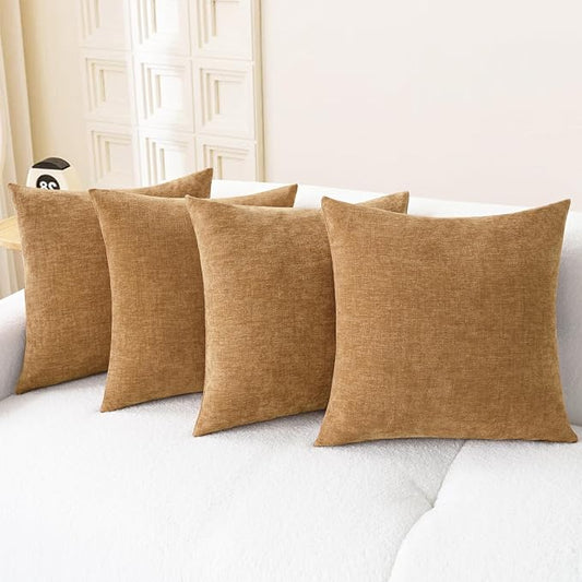 CaliTime Decorative Couch Throw Pillow Covers 18 X 18 Inches Apricot Brown | Pack of 4, Cozy Chenille Cushion Cases for Sofa Bed Living Room Farmhouse Home
