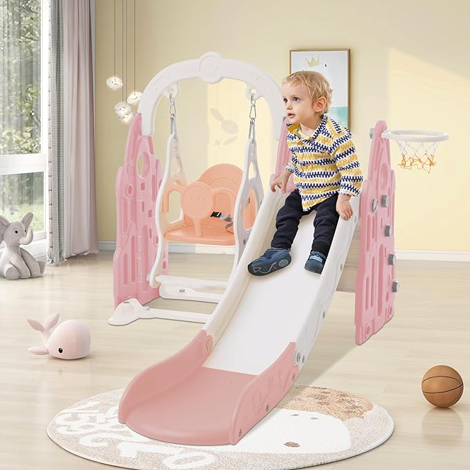 4 in 1 Toddler Slide Swing Set Freestanding Slide Climber Playset with Basketball Hoop Indoor Outdoor Playground Equipment for Kids Gifts Pink+White