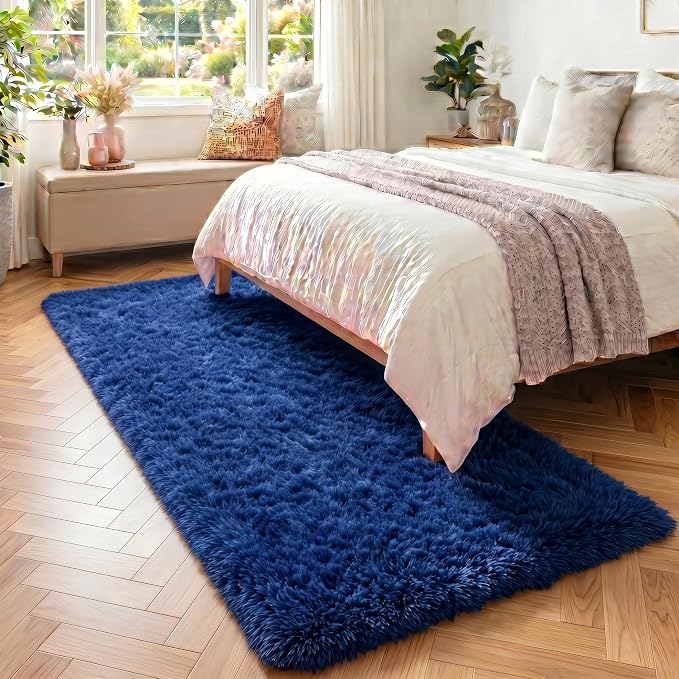 Navy Blue Rugs for Bedroom, Living Room 2x6 Ft, Fluffy Runner Rugs, Plush Hallway Carpet, Soft Shaggy Long Bedside Rugs, Floor Boys Room Dorm Rug Kids Nursery Playroom Navy Room Decor Aesthetic