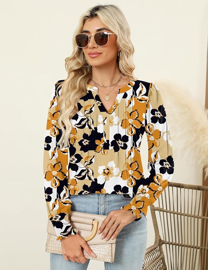 LOMON Womens Tops Dressy Casual Pleated Ruffle Long Sleeve Tunics Tops to Wear with Leggings V Neck Work Blouse