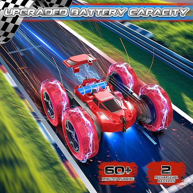 cosone Remote Control Car for Boys - Car Toy for Kids Age 6 7 8 9, 4WD 2.4Ghz Double Sided 360° Rotating RC Cars with Headlights, Christmas Birthday for Boys and Girls - Red