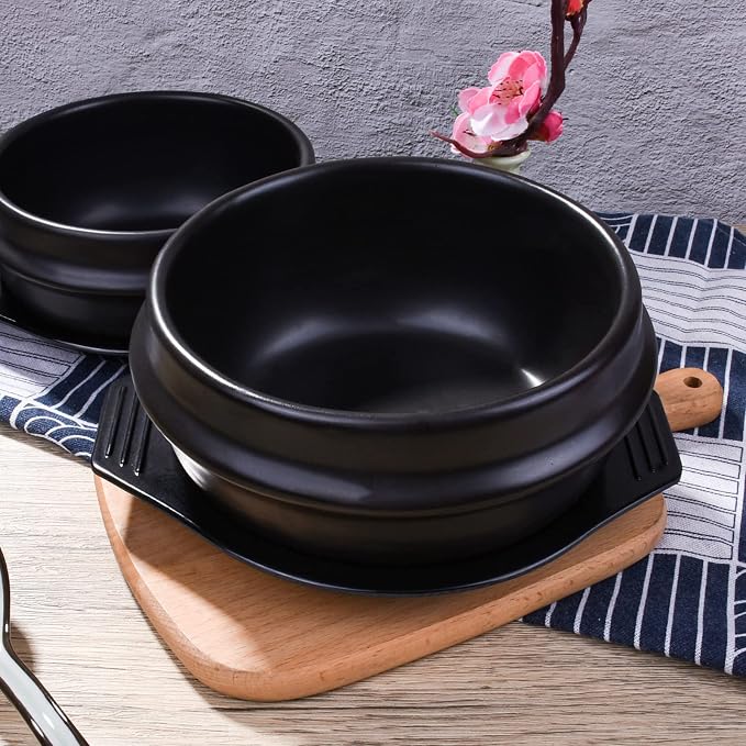 Korean Stone Bowl with Tray - Premium Ceramic Stone Hot Pot for Bibimbap Soup, Stews, and Rice - 37.1 oz Capacity - Dishwasher, Microwave, Oven, and Stovetop Safe