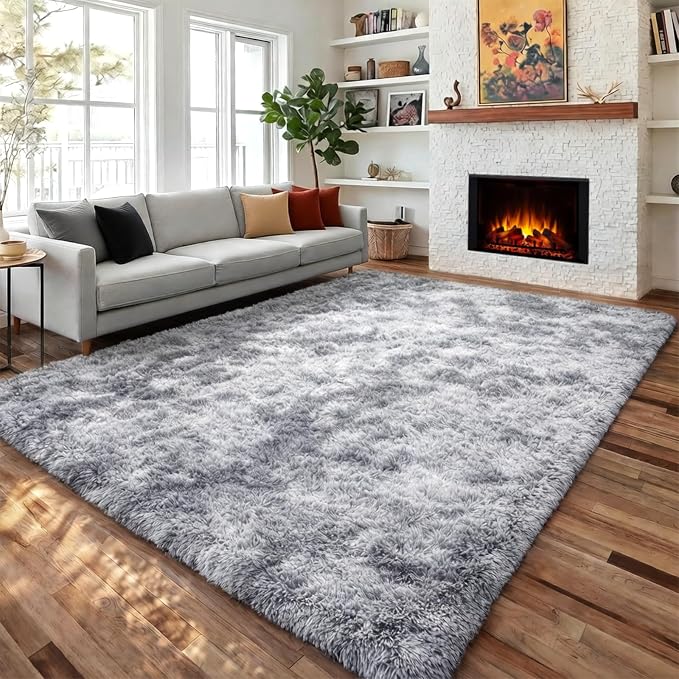 PAGISOFE Abstract Shaggy Washable Area Rug 4' x 6' Plush Soft Fluffy Fuzzy Furry Carpet for Living Room, Home Decor Aesthetic Tie-Dyed Light Grey Bedside Rugs, Nursery Grils Boys Kids Room