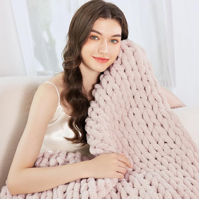 Chunky Knit Blanket Throw for Couch, 51"x63" Chunky Yarn Knitted Blankets | 100% Hand Knit Thick Chenille, Soft Breathable for Bed, Sofa, Home Decor, Cozy Gifts for Women Friends, Pink