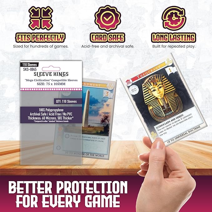 Sleeve Kings Standard Card Sleeves – 110 Count, Clear 60 Micron Thickness, Large Size (75 x 105 mm), Compatible with Mega Civilization & More – SKU: SKS-8845