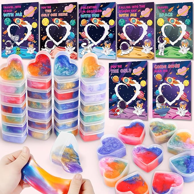 28 Pack Valentines Day Cards for Kids School - Galaxy Slime Stress Relief Fidget Toys, Perfect Classroom Exchange Gifts & School Party Favors, Kids Valentines Day Gifts for School Classroom
