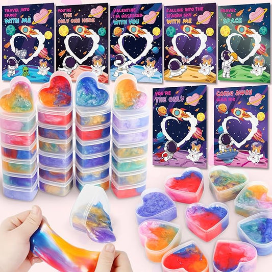 28 Pack Valentines Day Cards for Kids School - Galaxy Slime Stress Relief Fidget Toys, Perfect Classroom Exchange Gifts & School Party Favors, Kids Valentines Day Gifts for School Classroom