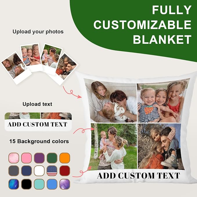 Bemaystar Custom Pillow with Picture & Text, Ships Next Day, Made in USA - Personalized Pillowcover- Love Keepsake, Customized Gifts, Mothers Day Decorative Throw Pillow(No Insert)-4photos