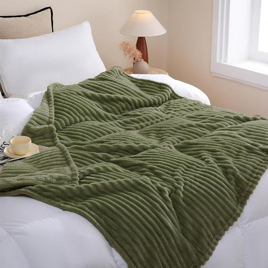 Olive Green Fleece Throw Blanket 90”×90” for Couch Sofa Livingroom | Super Soft Cozy Plush Microfiber Flannel Bed Blanket Striped Design Lightweight Home Decor Gifts for Adults Mom Women