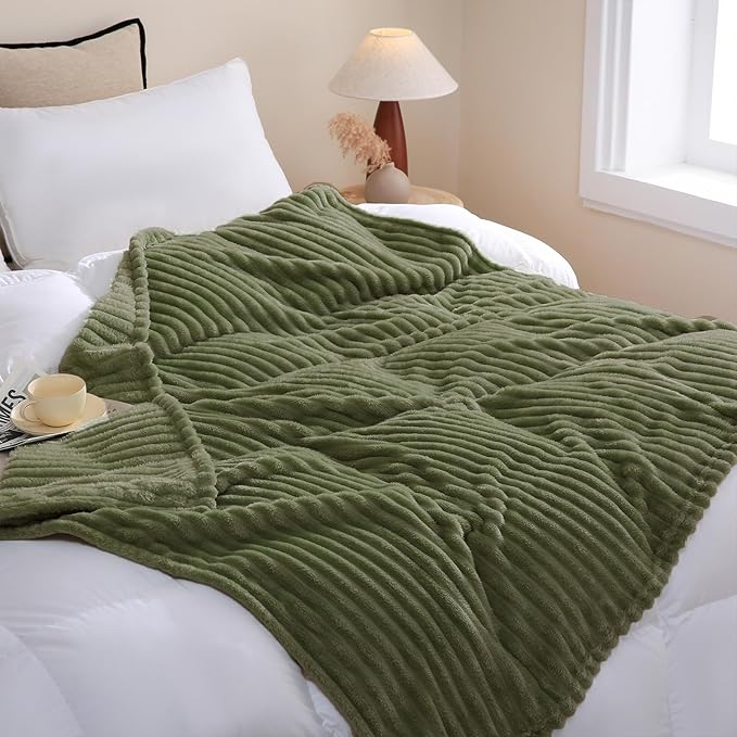 Olive Green Fleece Throw Blanket 108”×90” for Couch Sofa Livingroom | Linecooo Super Soft Cozy Plush Microfiber Flannel Bed Blanket Striped Design Lightweight Home Decor Gifts for Adult Mom Women