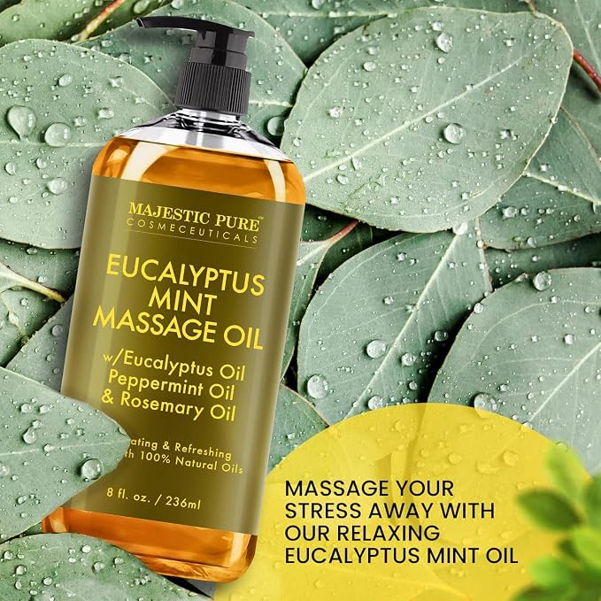 MAJESTIC PURE Coconut Massage Oil (8 oz) and Eucalyptus Mint Massage Oil (8 oz) Bundle