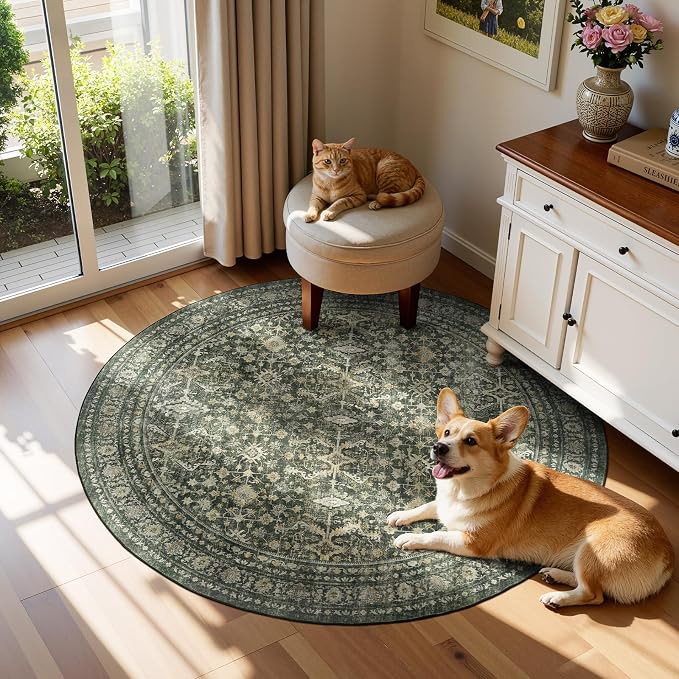 4ft Area Rugs for Living Room Bedroom, Green Washable Non-Slip Carpet | Soft Boho Area Rug for Dining Room Home Office Indoor Nursery, Stain Resistant, Low Pile, Foldable Vintage Distressed Rug