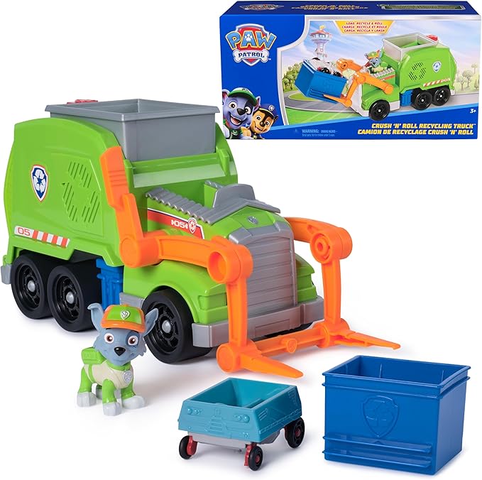 Paw Patrol: Crush N’ Roll Recycling Truck with Rocky Action Figure & Transforming Compacted Trash Vehicle, Kids Toys for Boys & Girls Ages 3 and up