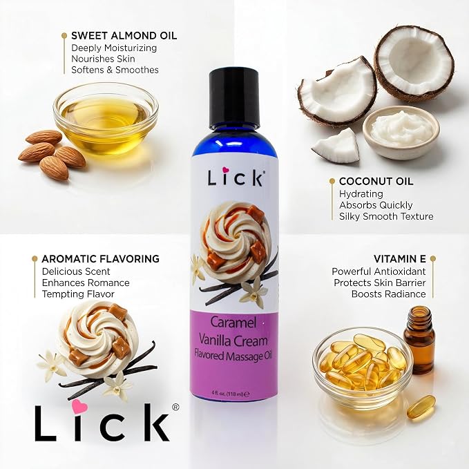 Lick Caramel Vanilla Cream Flavored Massage Oil – Tropical Edible Massage Oil with Sweet Almond Oil & Vitamin E, Hydrating Body-Safe Formula for Relaxing Couples Massage, 4 oz