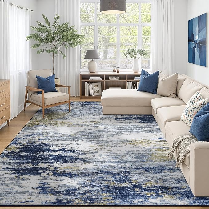 9x12 Area Rug for Living Room, Abstract Washable Large Rugs, Dark Blue | Neutral Carpet for Bedroom, Dining Room, Home Office, Nursery,Indoor, Stain Resistant, Non-Slip, Low Pile, Modern Rug
