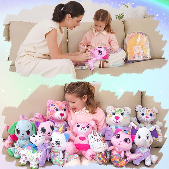 Stuffed Animal Coloring Plush Toy with 20 Washable Markers Laser Holographic Backpack Road Trip Car Game Writing Painting Set for Girls Doodle Dolls Kids Ages 3-6 Birthday(Pink Cat Mermaidr)