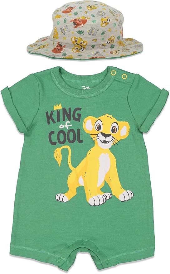 Disney Baby Romper and Reversible Bucket Sun Hat Outfit Set Newborn to Infant Sizes (Newborn - 24 Months)