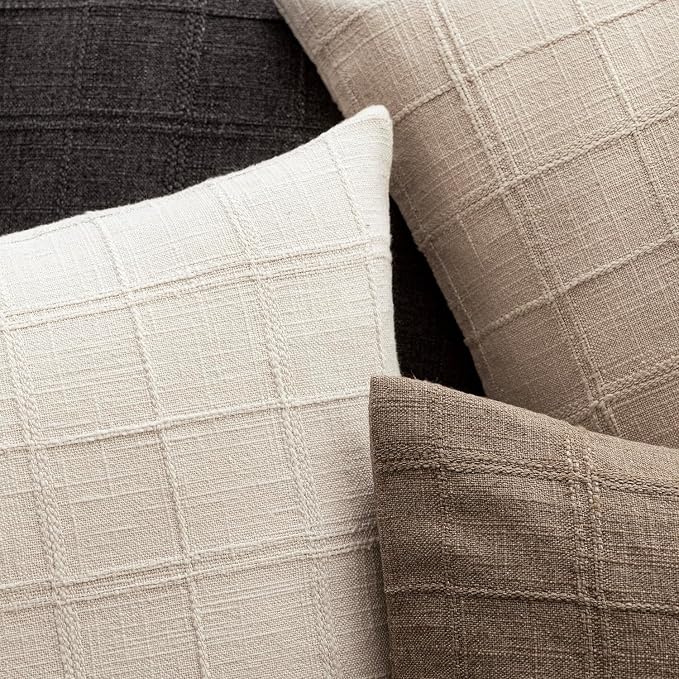 Foindtower Set of 2 Decorative Linen Check Throw Pillow Covers Neutral Farmhouse Lumbar Cushion Covers Modern Boho Home Decor for Sofa Chair Couch Bedroom Living Room,12×24 Inch,Natural Beige