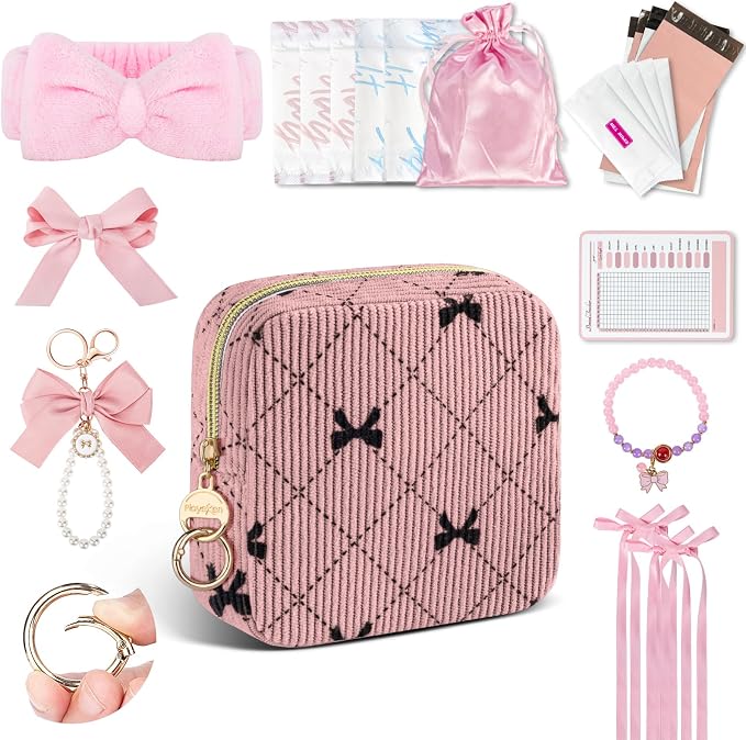First Period Kit for Teen Girls, Bow Tie Corduroy Cute Sanitary Napkin Storage Bag, Menstrual Pad Bag Tampon Holder for Purse, First Period Gifts (Bow Tie)