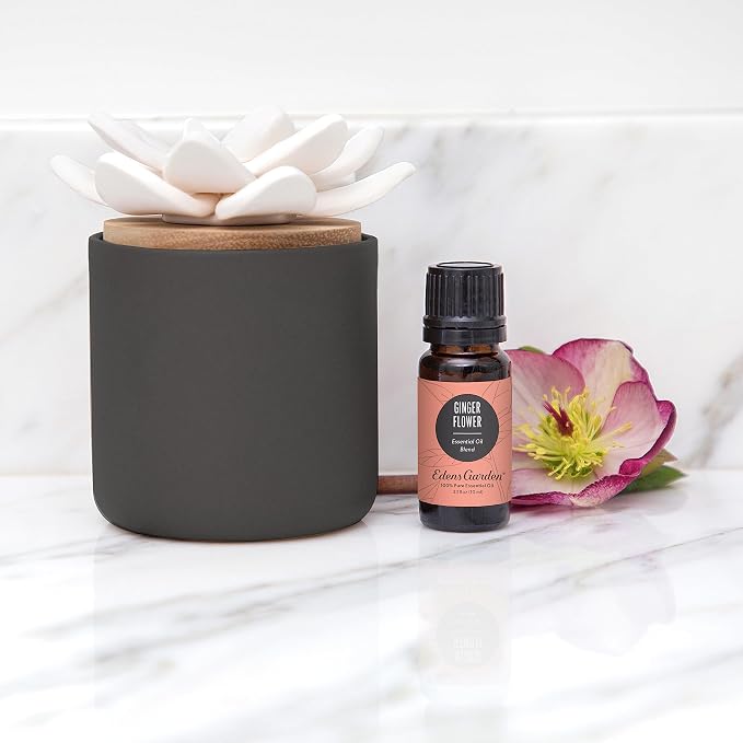 Edens Garden Charcoal Ceramic Bloom Diffuser Handmade Wick Essential Oil Aromatherapy, Passive Wicking Flower Diffuser for Home & Office No Power Needed, Elegant Scent Decor