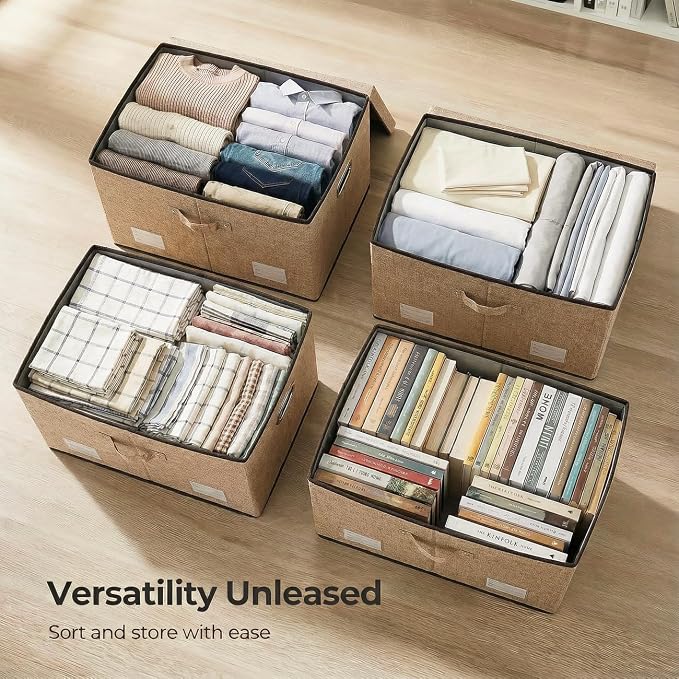 Storage Bins with Lids [3-Pack] Jute Fabric Foldable Storage Boxes Organizer Containers Baskets Cube with Cover for Home Bedroom Closet Office Nursery khaki（23.4X15.9X11.5
