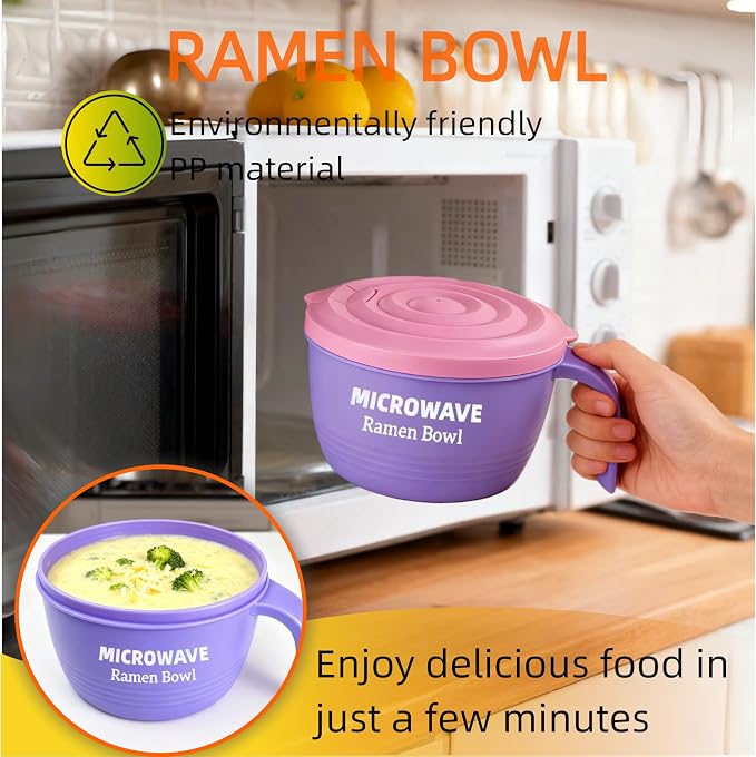 Layron Ramen Cooker Bowl - 45 oz Microwaveable Noodle Bowl Ramen in few Minutes- BPA Free and Dishwasher Safe Set with Chopsticks Perfect for Dorm, Small Kitchen, or Officee (purple)