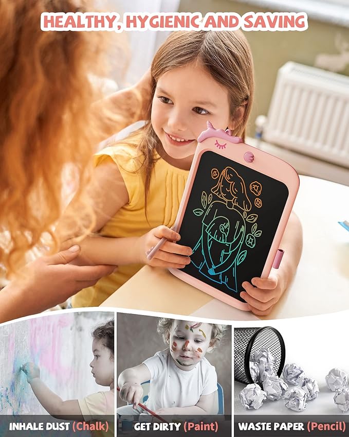 Kikapabi 10 Inch LCD Writing Tablet for Kids - Colorful Drawing Pad for Girls Aged 3-9 | Unicorn Toddler Travel Toys, Christmas Birthday Gift for Girls & Boys (Pink)