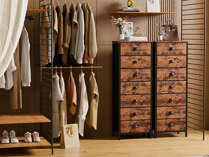 Dresser for Bedroom, 7 Drawers Tall Chest of Drawers | Rustic Brown Storage Organizer, Fabric Bins, Metal Frame, Wood Desktop, Dorm Vertical Closet,Bedside Furniture in Living Room