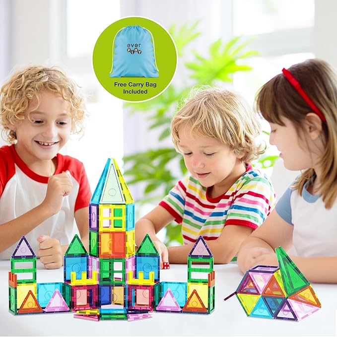 101pc Magnet Tile Building Blocks with Car Base Drawstring Carry Bag Magnetic Construction Playset Early Childhood Play Fine Motor Sensory Skills STEAM Educational Learning Toy Age 3+ EP101