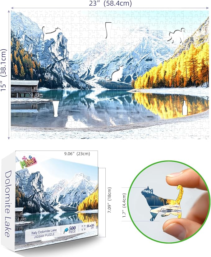 Italy Dolomite Lake 500 Piece Puzzles for Adults, Fun Puzzles for Adults 500 Pieces with HD Print & Poster, 15" X 23" Dust Free Halloween Christmas Family Games